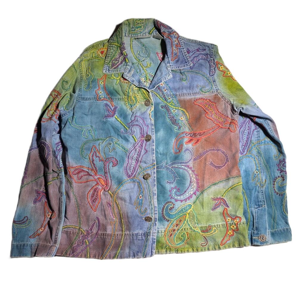 Vtg 1990s Chico's Watercolor Dye Floral Embroidered Blue Cotton Denim Jacket 1 M